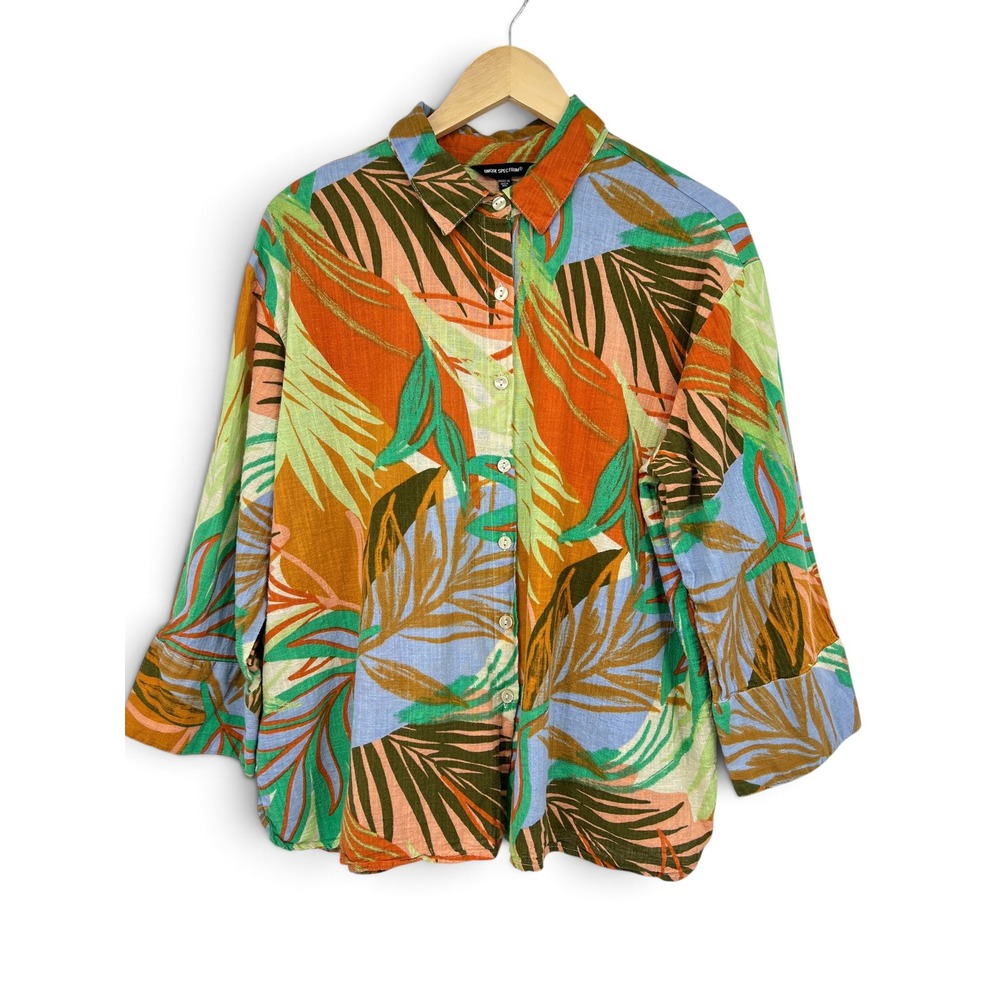 Unique Spectrum Women XL Tropical Leaf Print Button Up Shirt Orange Green Blue